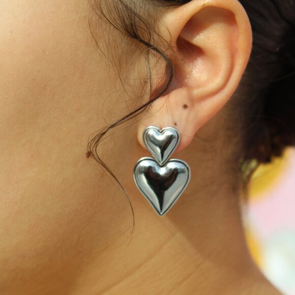 Silver Double Heart Drop Earring Tarnish Free, Hypoallergenic, Waterproof - Picture 1 of 1